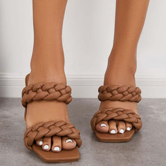 Suisecloths Square Toe Block High Heels Backless Slip on Mule Sandals