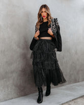 Swan Lake Tiered Shimmer Tulle Midi Skirt - Black