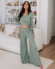 Take A Breather Ribbed High Rise Wide Leg Pants - Sage