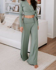 Take A Breather Ribbed High Rise Wide Leg Pants - Sage