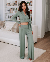 Take A Breather Ribbed High Rise Wide Leg Pants - Sage