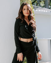 Take A Breather Ribbed Long Sleeve Wrap Top - Black