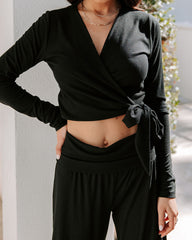 Take A Breather Ribbed Long Sleeve Wrap Top - Black
