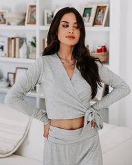 Take A Breather Ribbed Long Sleeve Wrap Top - Heather Grey