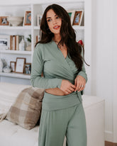 Take A Breather Ribbed Long Sleeve Wrap Top - Sage