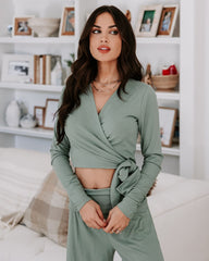 Take A Breather Ribbed Long Sleeve Wrap Top - Sage