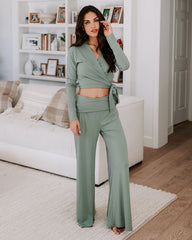 Take A Breather Ribbed Long Sleeve Wrap Top - Sage