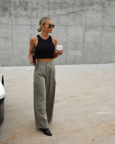 Taking It Back High Waisted Wide Leg Cargo Pants - Olive