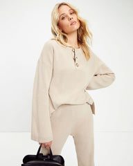 Taking It Easy Henley Long Sleeve Top - Taupe