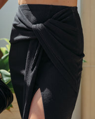 Tammy Twist Front Ribbed Midi Skirt - Black