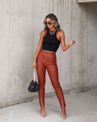 Tell Me About It Stud Faux Leather Split Hem Pants - Camel