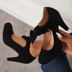 Thick Heel Pumps Bowknot Round Toe Ankle Strap Heels