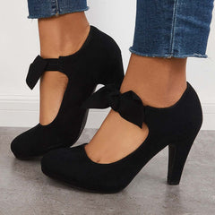 Thick Heel Pumps Bowknot Round Toe Ankle Strap Heels