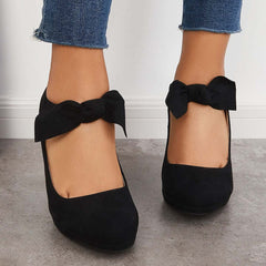 Thick Heel Pumps Bowknot Round Toe Ankle Strap Heels