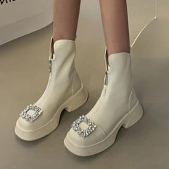 Thick-Soled Zipper Rhinestone Martin Boots
