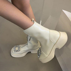Thick-Soled Zipper Rhinestone Martin Boots