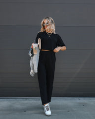 Tristan Knit Pocketed High Rise Pants - Black
