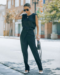 Uncommon Times Pocketed Asymmetrical Button Pants - Black