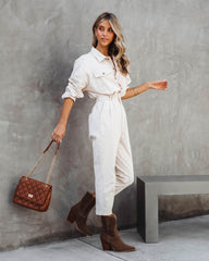 Understated Utility Cotton Pocketed Jumpsuit - Ecru