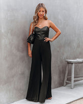 VIP Strapless Faux Leather Pleated Jumpsuit - Black