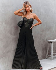 VIP Strapless Faux Leather Pleated Jumpsuit - Black
