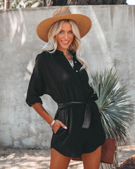 Valery Cotton Pocketed Button Down Romper - Black
