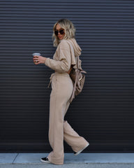 Vera Knit Pocketed Wide Leg Drawstring Pants - Tan