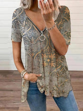 Vintage Printed Casual V-neck Zipper T-shirts