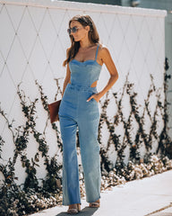 Vitamin Sea Pocketed Denim Cutout Jumpsuit - Denim