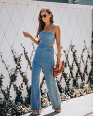 Vitamin Sea Pocketed Denim Cutout Jumpsuit - Denim