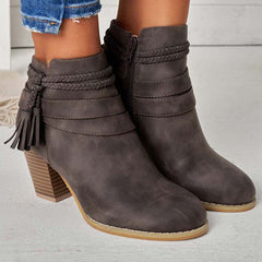 Western Tassel Chunky Block Heel Ankle Boots Side Zipper Booties