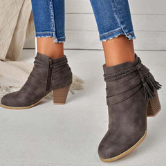 Western Tassel Chunky Block Heel Ankle Boots Side Zipper Booties