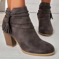 Western Tassel Chunky Block Heel Ankle Boots Side Zipper Booties
