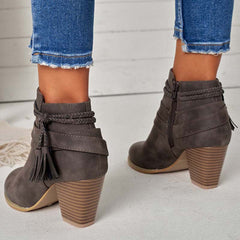 Western Tassel Chunky Block Heel Ankle Boots Side Zipper Booties