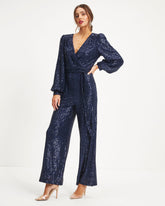 Whole New World Sequin Front Tie Jumpsuit - Navy