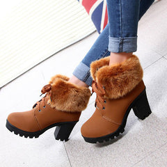 Winter Warm Fuzzy Lace-Up Block Heeled Boots