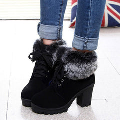 Winter Warm Fuzzy Lace-Up Block Heeled Boots