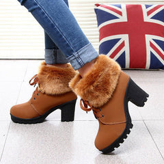 Winter Warm Fuzzy Lace-Up Block Heeled Boots