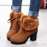 Winter Warm Fuzzy Lace-Up Block Heeled Boots