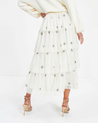 Wish Upon A Star Tiered Tulle Midi Skirt - Cream