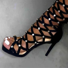 Diamonds Square Open Toe High Heel Boots