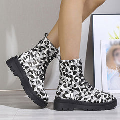 Lace-Up Front Leopard Round Toe Block Heel Thread Boots