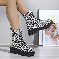 Lace-Up Front Leopard Round Toe Block Heel Thread Boots