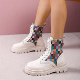 Colorful Plaid British Style Lace-Up Boots
