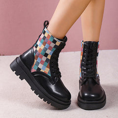 Colorful Plaid British Style Lace-Up Boots