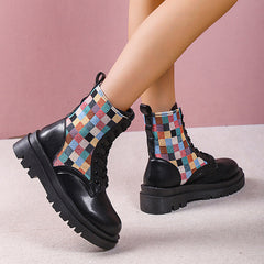 Colorful Plaid British Style Lace-Up Boots