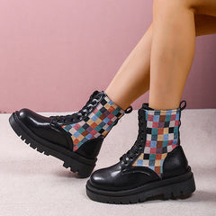 Colorful Plaid British Style Lace-Up Boots