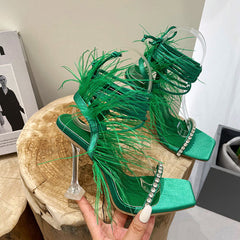 Fluffy Feather Rhinestone Lace Up Clear Heels