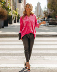 Zamora Pocketed Velvet Button Down Top - Fuchsia