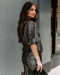 Ziah Sequin Puff Sleeve Blouse - Black